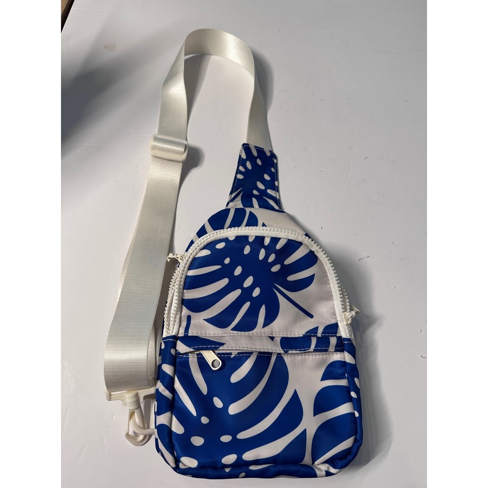 GOGO Sling Bag Blue White Monstera Leaf Print Recycled Polyester Crossbody